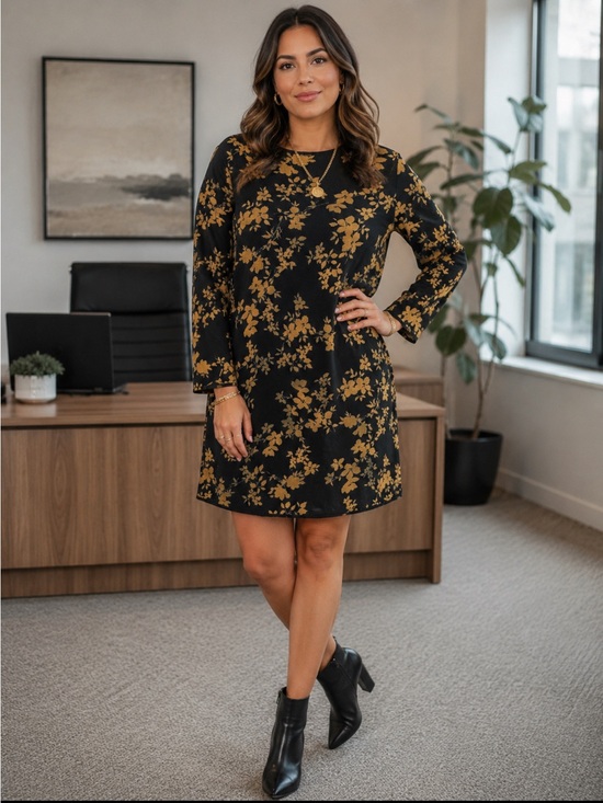 J. Jill Dresses & Skirts - J. Jill Jacquard Black Rattan Floral Print Long Sleeve Large Sweater Dress